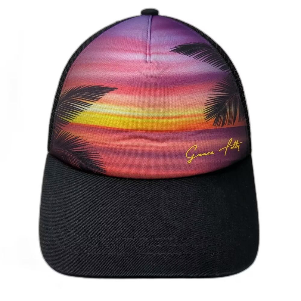 Grace Folly Trucker Hat Black Purple One Size Sunset Palm Tree Mesh Snapback